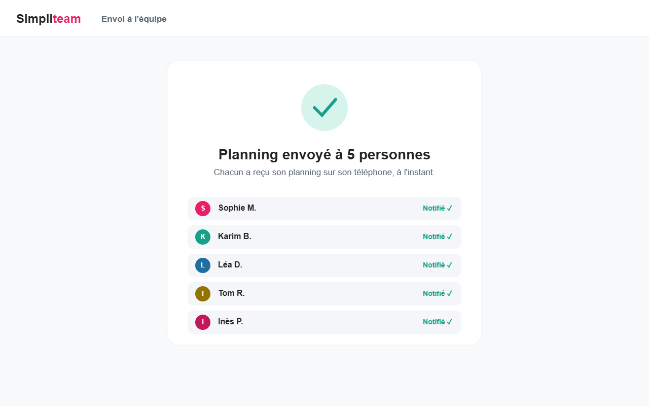 Vue envoi du planning à l'équipe SimpliTeam